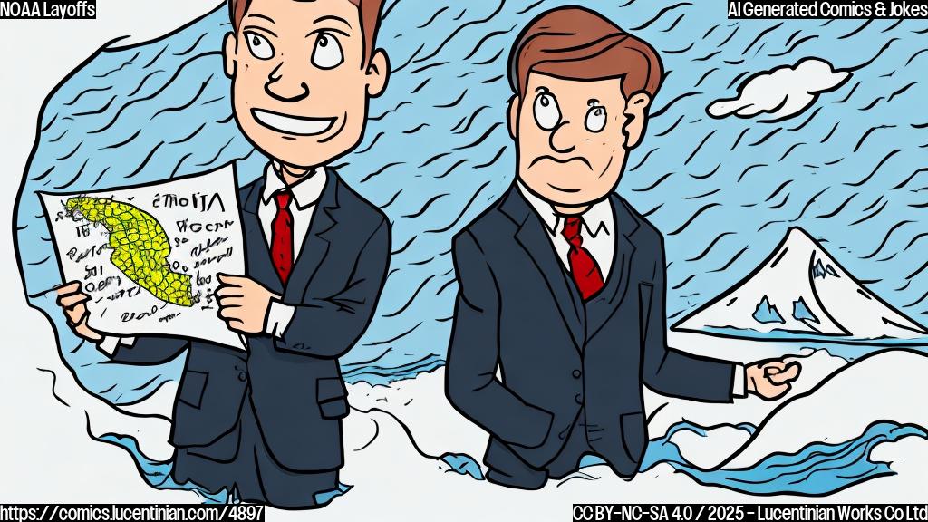 A simple cartoon drawing of a sad-looking person in a suit, holding a weather forecast with a tsunami illustration,  background a plain color light grey. Color style is plain without gradients and shadows.