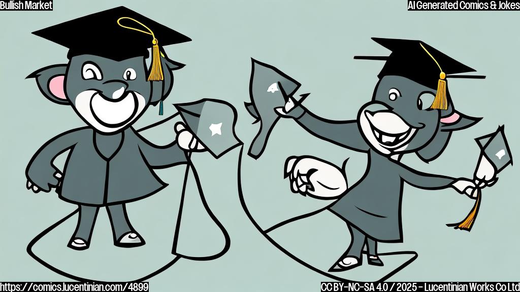 A cartoon drawing of a cheerful bull wearing a graduation cap and holding an award. The style should be plain color with a focus on simple lines and shapes. The background should be a light green color to symbolise a field.