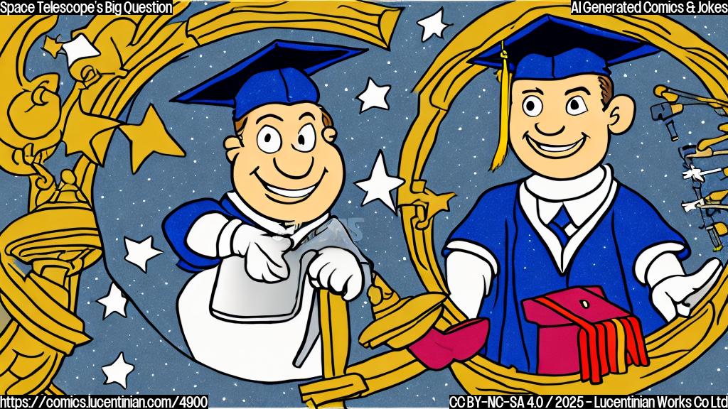 A simple cartoon drawing in plain color, a telescope with a smiling face wearing a graduation cap and gown. Stars in background.