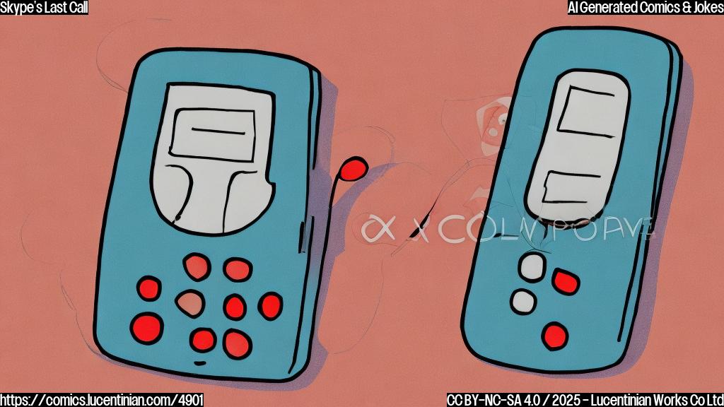 A simple cartoon of a sad-looking phone with a red "X" over it, set against a plain light blue background. The phone should have a slightly old-fashioned design with a circular receiver. The cartoon should be in a plain color style, with no gradients or textures. The overall mood should be nostalgic and slightly melancholic.