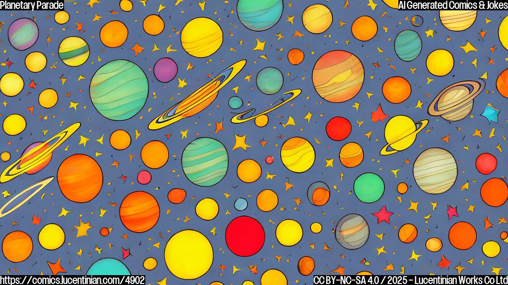 A cartoon drawing of seven planets, each a different color, smiling and dancing together in a line, simple background in light yellow.