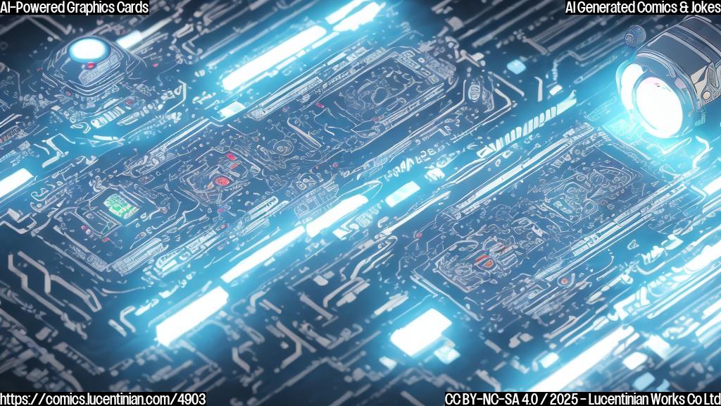 A cartoon drawing of a computer graphics card with glowing circuits and a friendly robot face on the top. The style is plain color, without much detail.