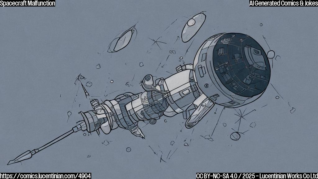 A simple cartoon drawing of a sad-looking spacecraft with a single, large tear rolling down its metallic side. The color palette should be limited to blues, grays, and whites. The spacecraft's design should be abstract and simple, with no detailed features.