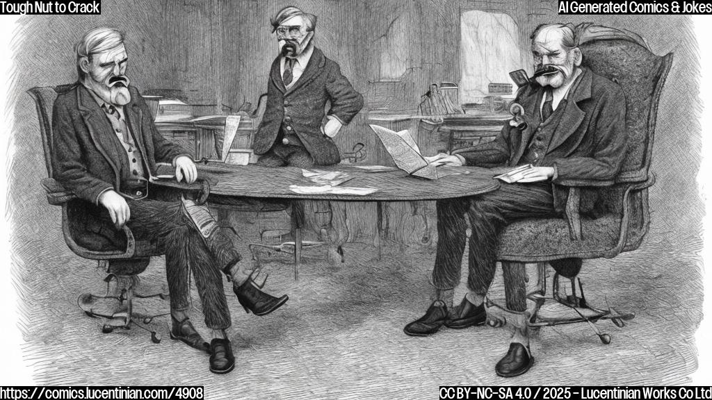 A cartoon of a grumpy old man with a handlebar mustache, wearing a tweed jacket, sitting in a director's chair, scowling at a young man in a sweater vest who is holding a script. Both are in plain colors, cartoon style.