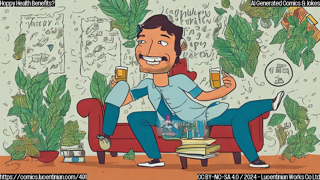 A cartoon-style image of a happy person enjoying a beer while sitting on a couch surrounded by leaves, with a thoughtful expression and a few health-related books nearby.