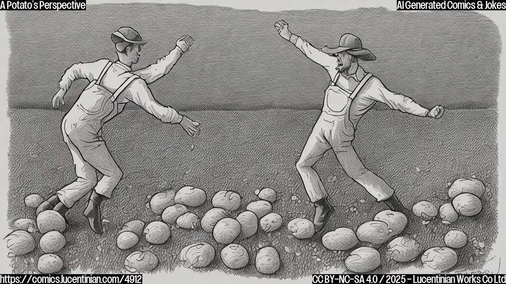 A simple cartoon drawing of a farmer in simple overalls jumping into a field of potatoes. The farmer is drawn in a plain color style with a simple design. The potatoes are also plain colored, large and round. Background is plain colored green and brown.