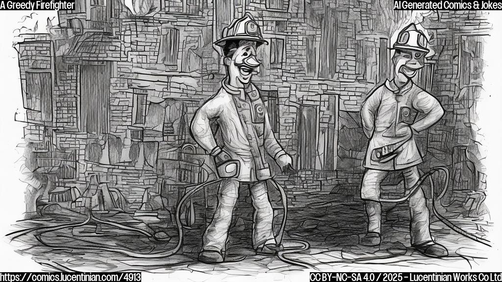 A cartoon drawing of a firefighter with a greedy expression, standing on a ladder looking at burning buildings in the background. The drawing should be in simple colors and a cartoon style