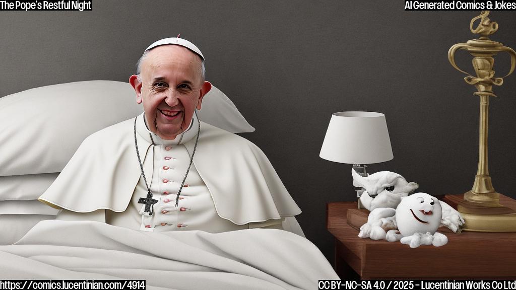 A cartoon of a smiling, round-faced Pope in bed, fast asleep under a white duvet, with a small, grumpy-looking cardinal peeking from behind the bedpost.  Simple, solid color style with no shading.