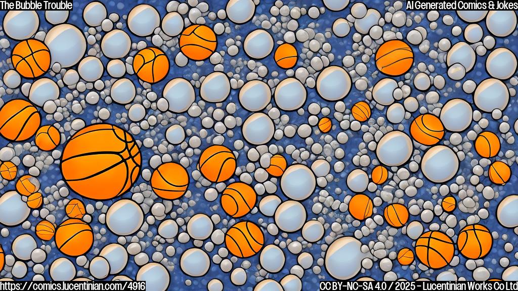 A cartoon drawing in plain colors of a basketball team huddled together, looking anxious, with a large transparent bubble around them that is about to burst.  The bubble should be slightly transparent to reveal the team inside.  The background should be a basketball court.