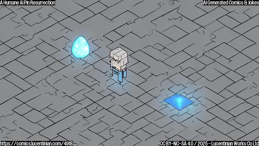 A simple cartoon drawing of a small, brick-shaped device with a single button on top, lying on its side with cracks in its surface.  A slightly larger figure, representing a hacker, hovers over it with a glowing laptop.  The scene is in flat, muted tones of grey and blue.