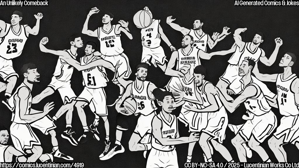 A cartoon drawing in plain colors, depicting a basketball team in simple uniforms celebrating a victory, with a surprised referee looking on in the background. Simple, minimal details, cartoon style, flat coloring, plain color background.