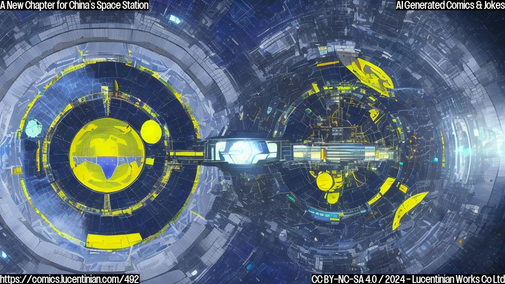 A futuristic space station with three modules arranged in a T-shape, each module having a slightly different color scheme (blue, green, and yellow) and a few solar panels on the sides. The background is a dark blue space with a hint of stars.