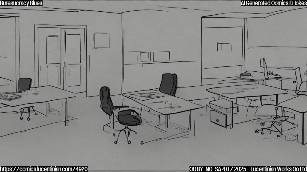 A plain color cartoon of a large, empty office with desks and chairs.  One small, sad-looking figure sits at a desk. The overall color scheme is muted blues and grays.