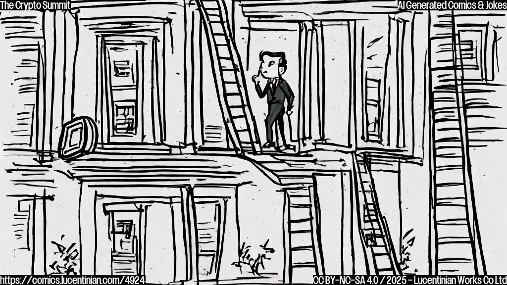 A simple cartoon drawing of a person in a suit carrying a ladder, walking towards a large white building with columns. The style should be plain color with no background, only the character and building.