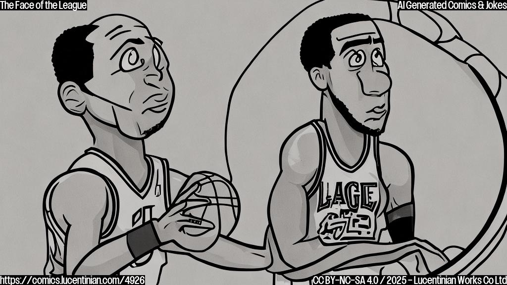 A cartoon drawing of a basketball player with a worried expression, looking at a giant magnifying glass that is labeled "Face of the League". The style is simple, with solid colors and minimal detail. The basketball player is light-skinned with brown hair and a concerned frown; He is wearing a simple basketball uniform.