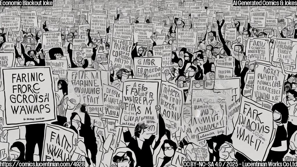 A simple cartoon drawing in plain colors of a group of diverse protesters holding signs that say things like "Fair Wages", "Corporate Accountability", and "Economic Justice" against a dark background that symbolizes the "economic blackout". The style should be similar to early 2000s cartoons.