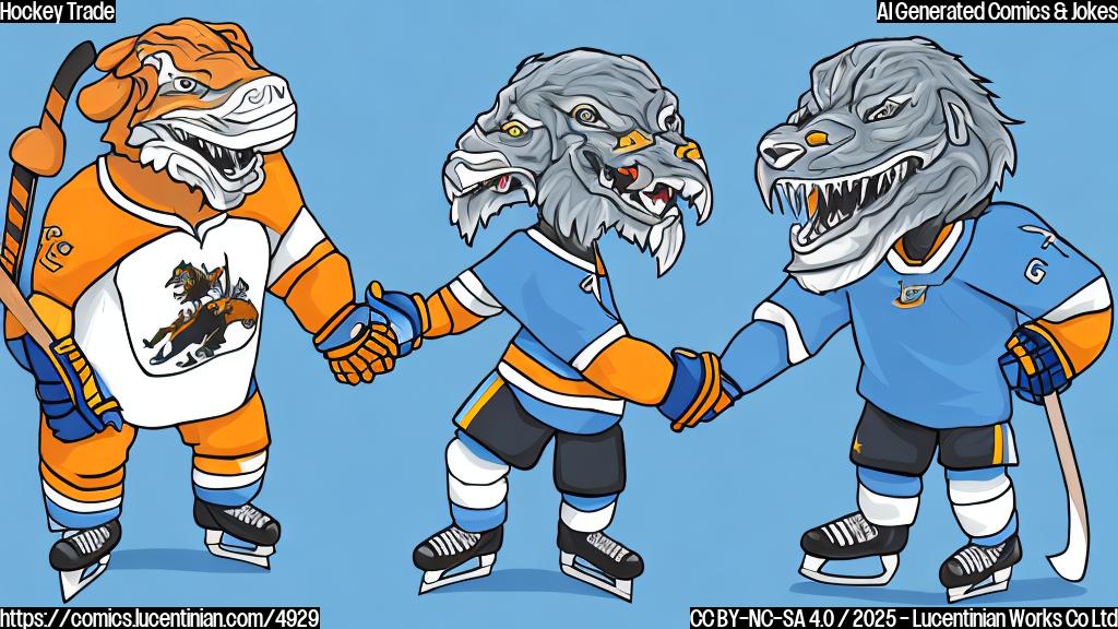 A simple cartoon drawing of two hockey players shaking hands. One is wearing a jersey with a predator's head logo, the other one has a wild animal logo. Both players are smiling. The background color is light blue. The style is flat design, and all the shapes and colors are simple and without texture.