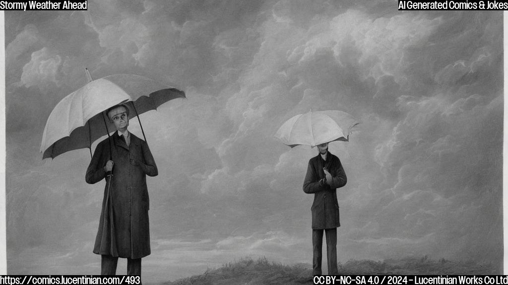 A person with a long face, wearing a hat and holding an umbrella, standing in front of a gray sky with clouds, looking worried. The person has a blackboard with weather symbols behind them.