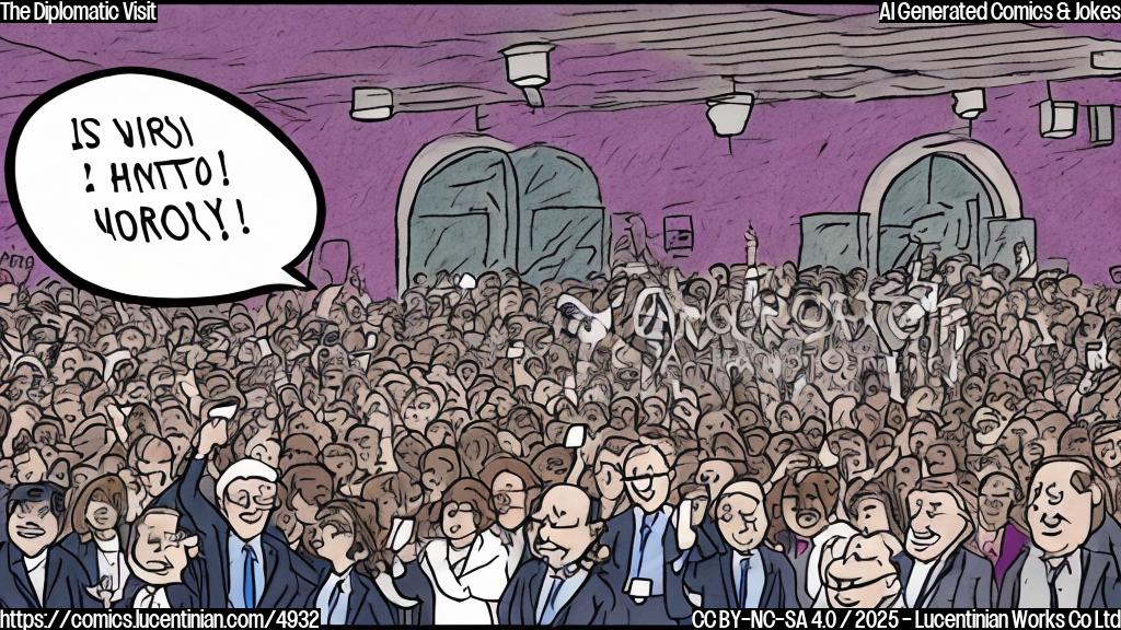 A simple cartoon drawing of a world leader arriving late to a building, with a speech bubble saying "Sorry I'm late!", surrounded by many people holding phones and cameras, all in plain colors, no background.