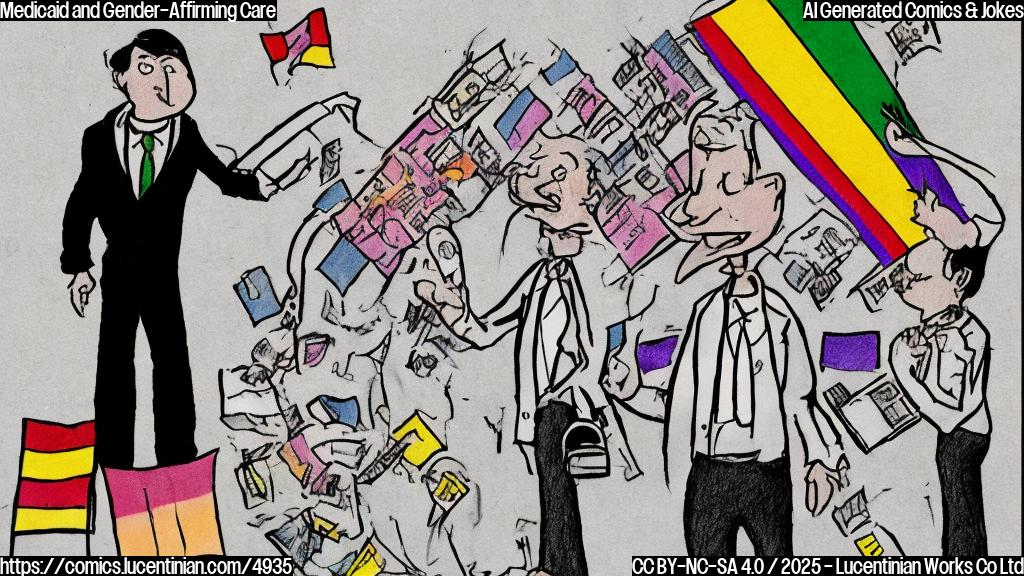 A cartoon drawing in plain colors of a medical building with a rainbow flag on top, and a person dressed in a suit looking surprised