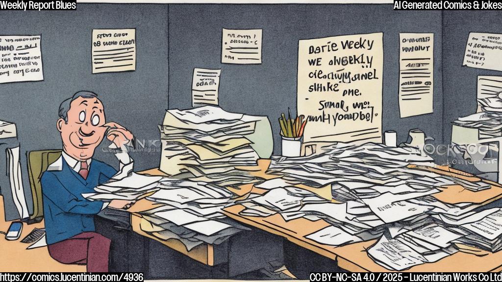 A cartoon of a plain-colored office scene with a pile of papers reaching the ceiling, a single, slightly overwhelmed-looking person sits at a desk surrounded by more papers, and a cartoon speech bubble above the person's head says "Weekly Report"