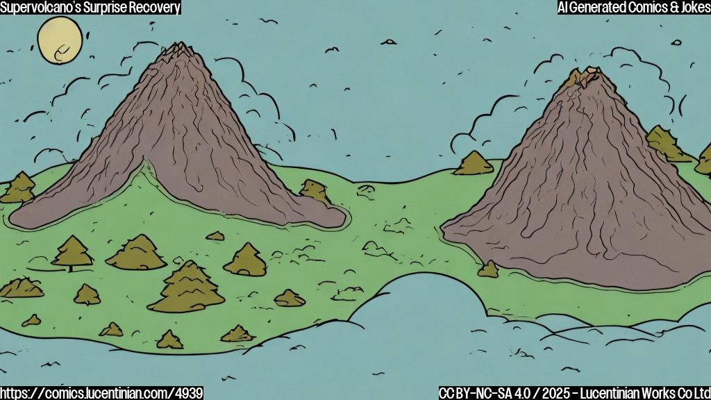 A cartoon drawing of a volcano with a sleeping face, snoring, surrounded by a simplified landscape with small, simple trees and a plain sky, all using a limited color palette of just three colors: brown, green, and light blue