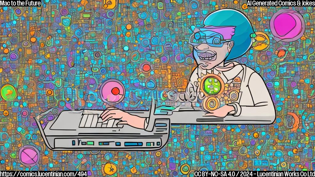 Illustrate a cartoon-style picture of a person sitting on a therapist's couch with a laptop open in front of them, surrounded by colorful gears and circuit boards. The laptop screen displays a thought bubble with a binary code representation of the joke's punchline.