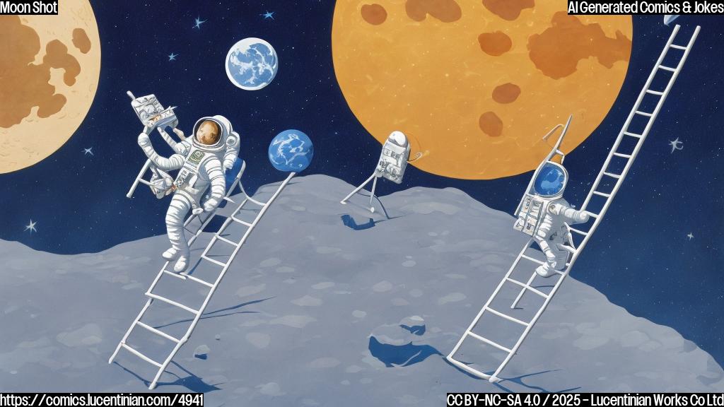 A cartoon astronaut with a large grin is climbing down a ladder from a cartoon moon; the ladder casts a long shadow. The sky is a dark blue, and the moon is a plain white circle.