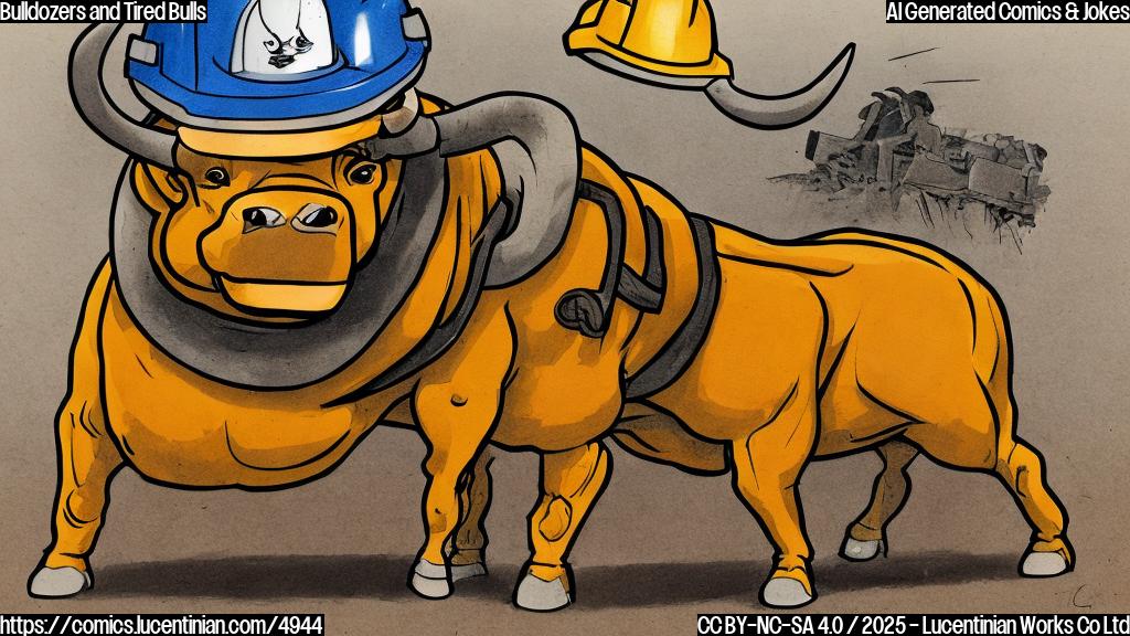 A cartoon drawing of a bull wearing a hard hat and operating a bulldozer, in plain color style.