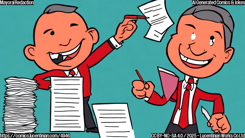 A cartoon mayor with a large red pen furiously marking a stack of documents. Simple color scheme, flat style, no background.