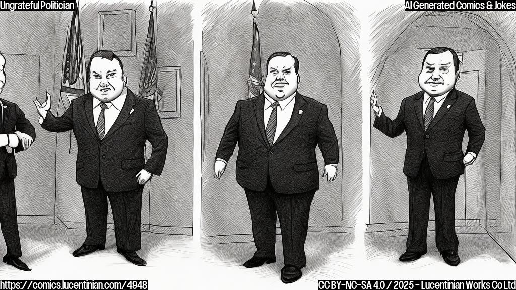 A simple cartoon drawing of two figures, one is a politician, chubby with a serious face, wearing a suit and tie, the other is a world leader, slightly thinner, with a tired look, wearing a formal suit, both in monochrome colors, standing in an oval office with plain white walls