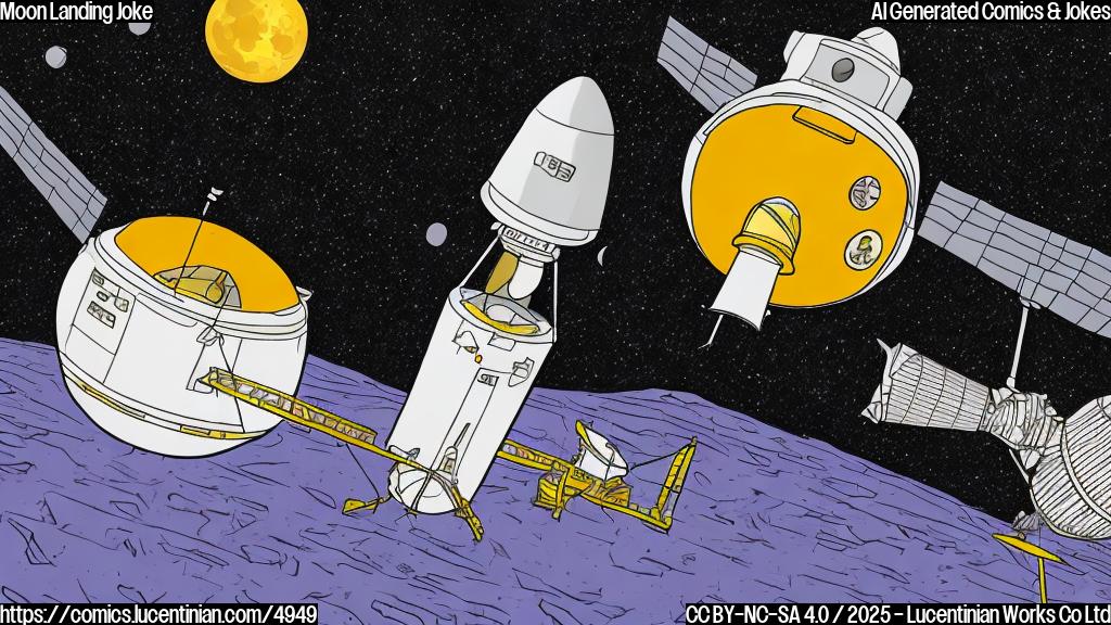 A cartoon drawing of a spacecraft with a worried expression, legs shaking, about to land on the moon.  Simple, flat colours, no shading or background.