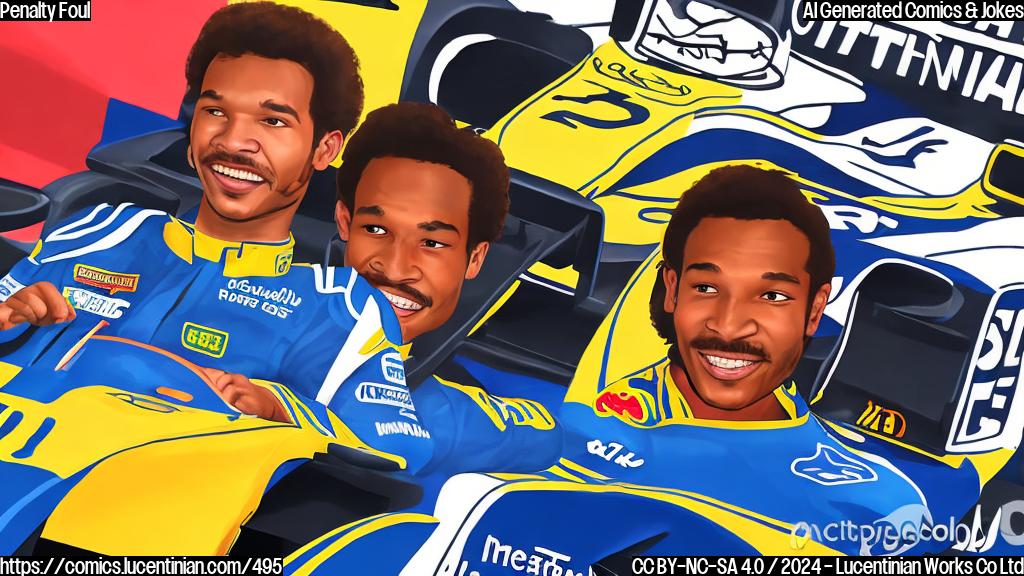 A cartoon of Lando Norris, wearing a thinking face with a hint of amusement, standing next to Max Verstappen, who is shown holding a steering wheel with a comically exaggerated corner-cutting motion behind him, surrounded by racing tracks and warning flags.