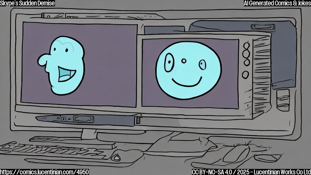 A simple cartoon drawing of a sad-looking computer with a Skype icon on the screen, the screen is cracked and showing low battery,  drawn in a plain color style, no background.