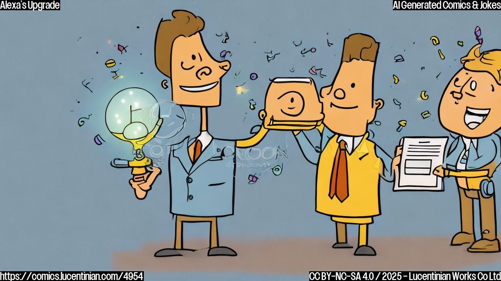 A cartoon drawing in plain colors, of a happy smiling digital assistant character, with a glowing lightbulb above its head, getting a promotion certificate from a person in a suit. The background is plain and untextured.