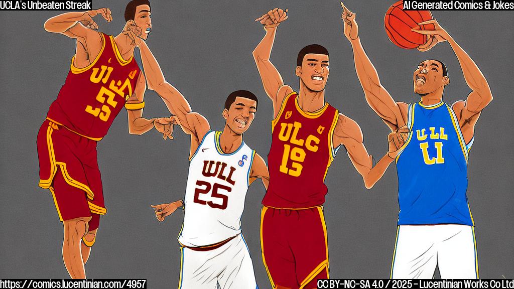 A simple cartoon drawing of two basketball players, one tall and slim (UCLA player) looking nervously at a short, powerfully built player (USC player) who is flexing a bicep.  Both are in plain basketball uniforms, using solid colors such as red and blue, with no logos or text, on a white background.