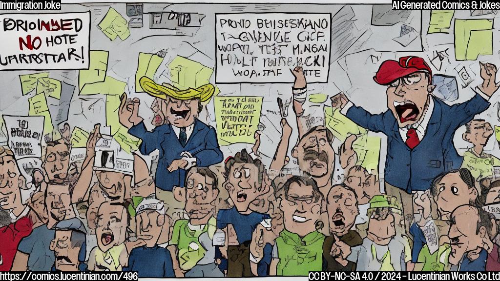 a cartoon of a person holding a large, unstable-looking wall with a few scattered papers and a broken promise note attached to it, standing in front of a crowd of angry-looking people wearing "MAGA" hats
