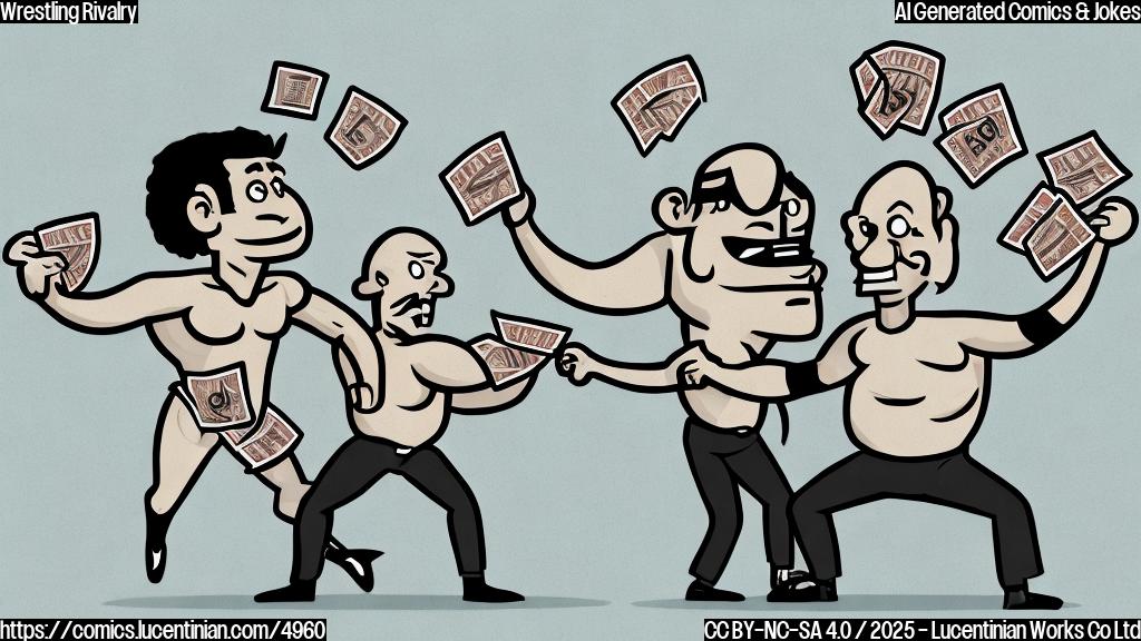 A simple cartoon of a muscular wrestler in a wrestling outfit throwing dollar bills at a referee who is looking confused.  The background is plain white. Use only solid colors, no gradients.