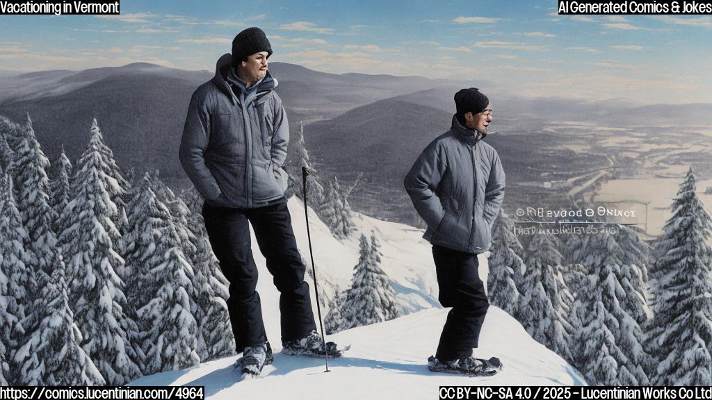 A cartoon drawing of a politician in a winter jacket and ski pants standing atop a steep, snowy Vermont slope, looking apprehensive.  The sky is plain light blue. The slope is plain white. The ground is plain white. The politician is light grey. His eyes are small and black. His mouth is a small black line in a frown.