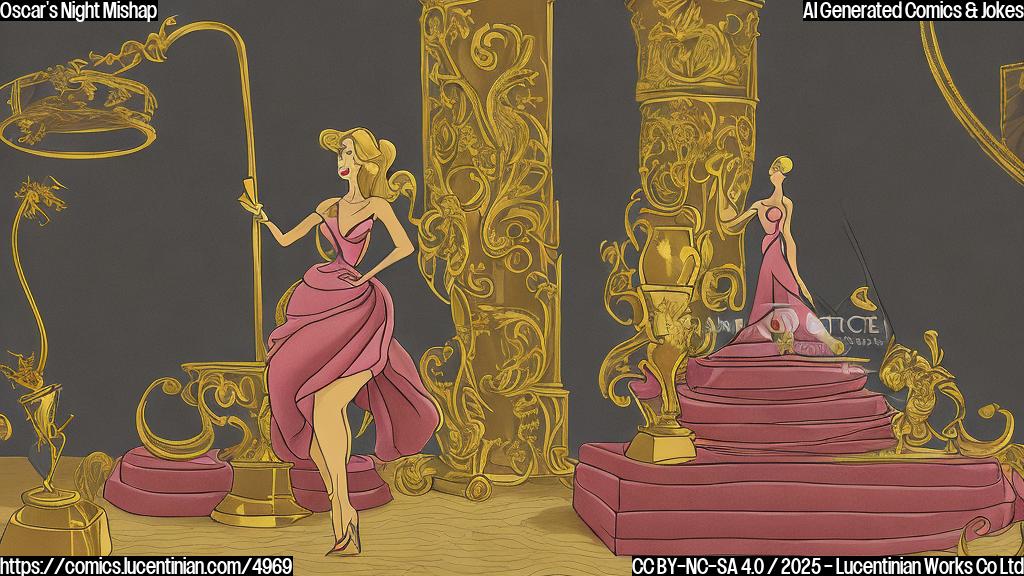 A cartoon drawing of a person in an elegant evening gown standing on a stepladder to get a better view of an award ceremony stage where a presenter holds a golden statuette, plain color drawing, simple design