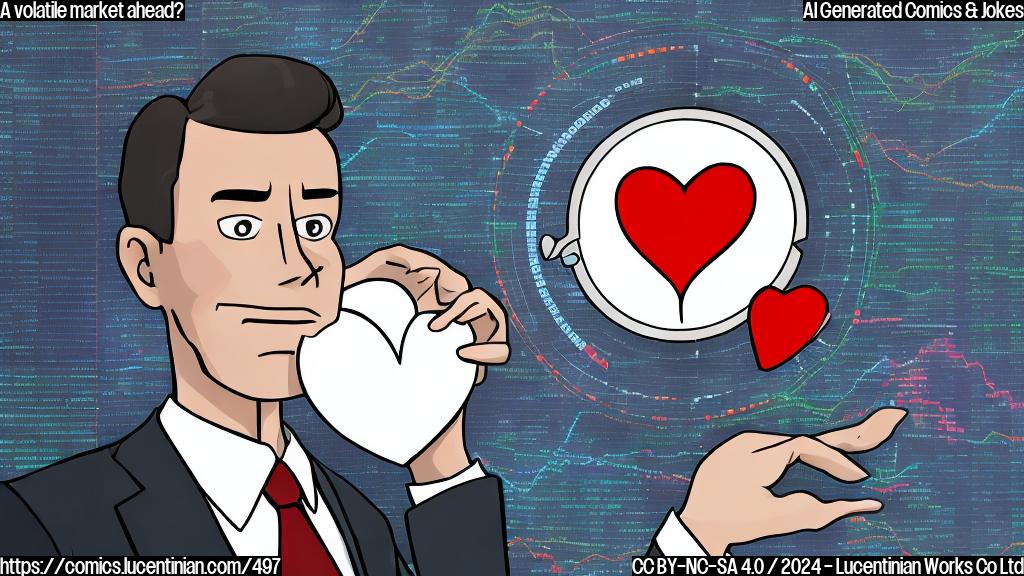 A cartoon of a person in a business suit holding a heart, with a stock ticker screen in the background displaying a fluctuating graph. The person's face is contorted in a mix of sadness and worry, while the ticker screen shows a rapidly changing price tag.