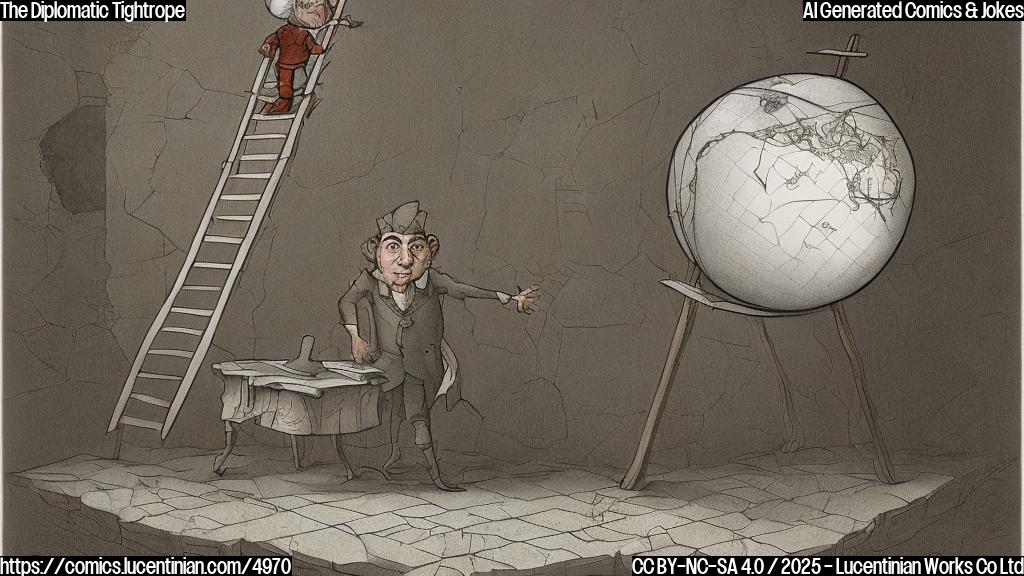 A cartoon drawing in plain colors of a diplomat with a concerned expression, carrying a ladder against a background of a cracked and crumbling globe. The style should be simple and slightly humorous, emphasizing the fragility of the situation.