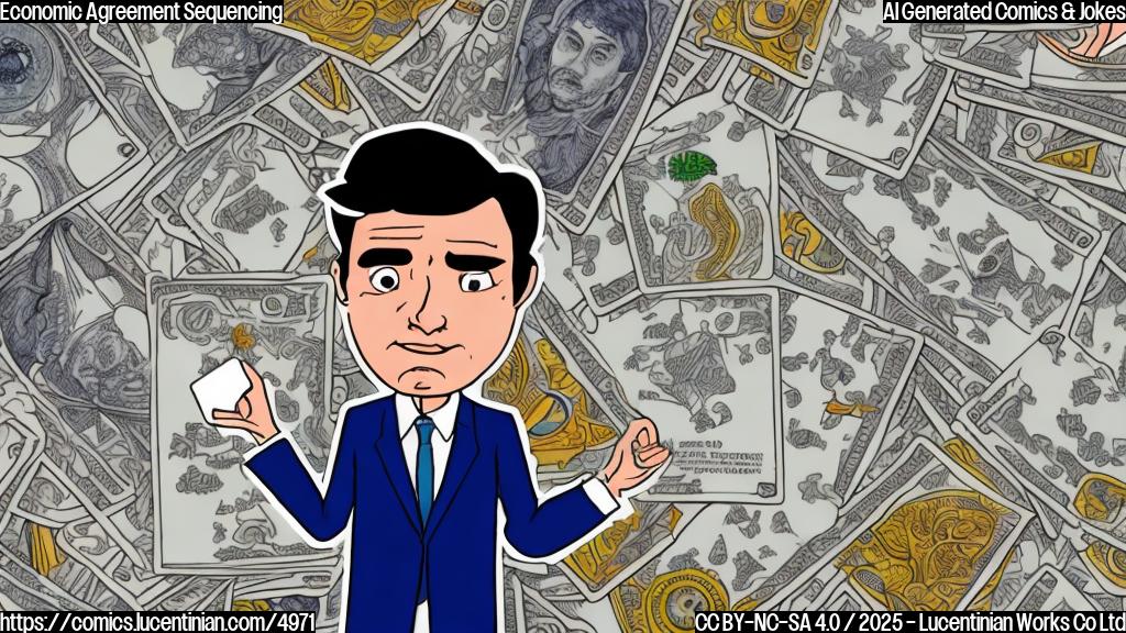 A cartoon drawing in plain colors, showing a person in a suit with a puzzled expression, holding a shuffled deck of cards labeled "Economic Agreement". The background is a simple office setting.