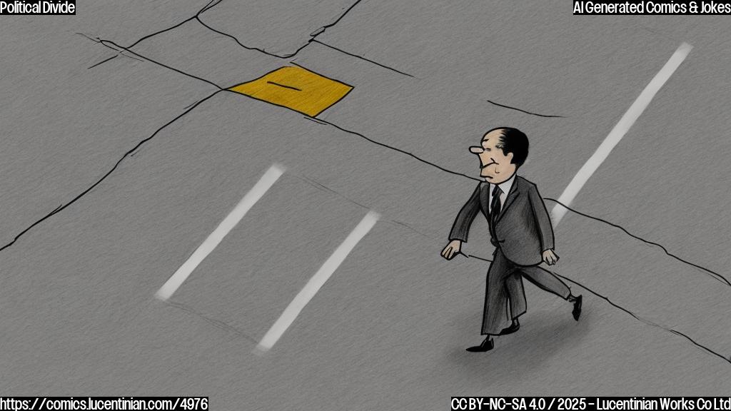 A simple cartoon drawing of a politician in a suit crossing a road divided by a thick white line. The road is plain grey, the politician is plain brown, the line is plain white.