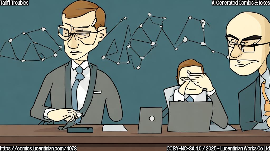 A cartoon drawing in a plain color style of a sad-looking person wearing a suit and tie sitting at a desk, surrounded by graphs and charts showing downward trends. The person is frowning and has a speech bubble above their head that says "Too high!".