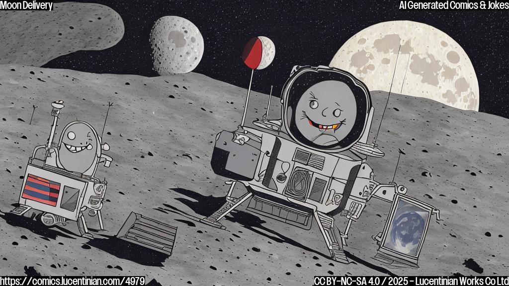 A cartoon drawing in plain colors, showing a lunar module with a cartoon style smiling face, its hatch open and a vacuum cleaner inside, sticking out the hatch. The background is the surface of the Moon with a crater.