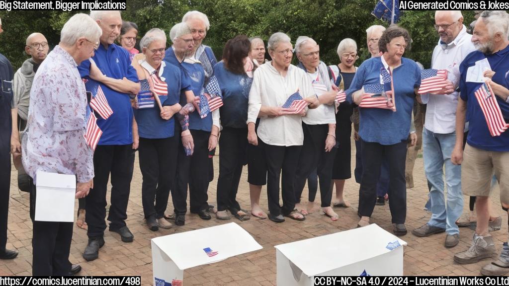 A group of people with different faiths and age groups standing together, looking at a ballot box with a patriotic background