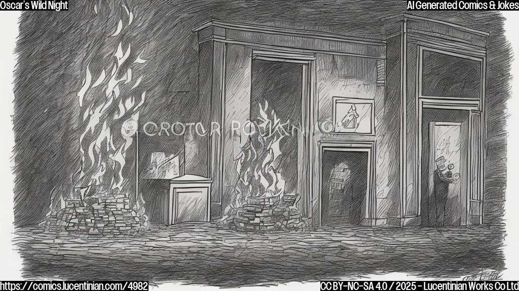 A cartoon drawing of a burning building with an award statue escaping the fire.