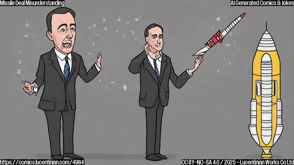 A cartoon of a politician in a suit looking perplexed at a large rocket-shaped missile contract.  The politician is a simple, plain color style with only one color (dark grey). The background is a plain, light grey. The contract is a simple rectangular shape, also in dark grey.