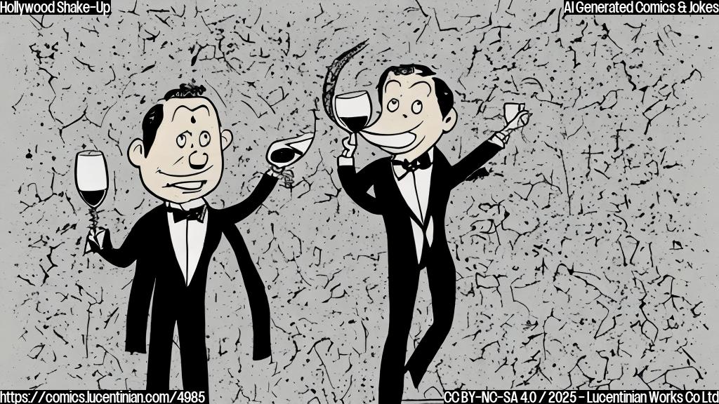 A simple cartoon drawing in plain colors of a tuxedo-wearing person looking surprised and holding a champagne glass that is spilling, with a cracked earth beneath them.